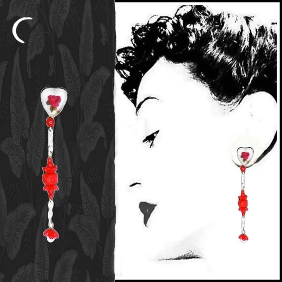 Red Long Dangle Earrings, Carved Lucite Roses Hearts , Recycled Vintage - Picture 1 of 8